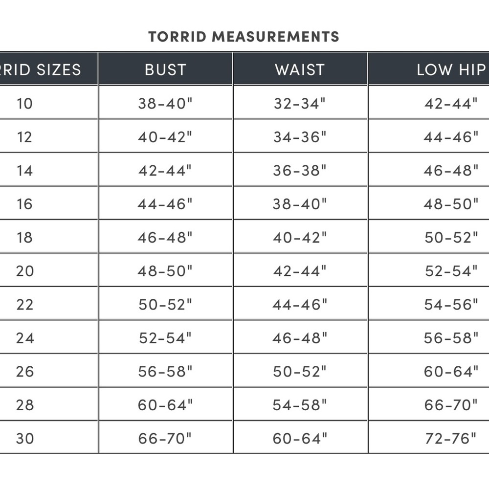 Torrid Size Chart Guide - Picture 2 of 2